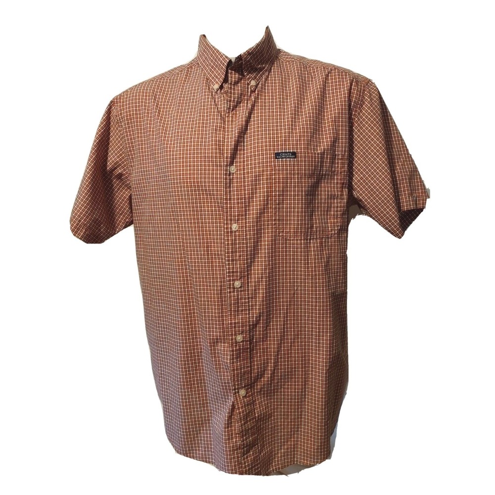 Chaps Ralph Lauren Shirt Large‎ Mens Y2K Norm Core Orange White Mini Plaid Retro